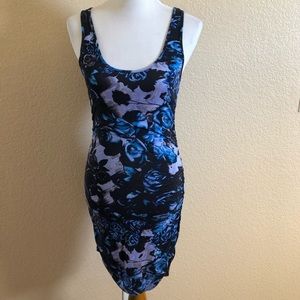 Buffalo David Bitton Ruched Sleeveless Bodycon Fitted Floral Mini Dress S Blue